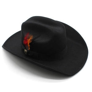 Classic black wool western cowboy hat with side feather and decorative ribbon