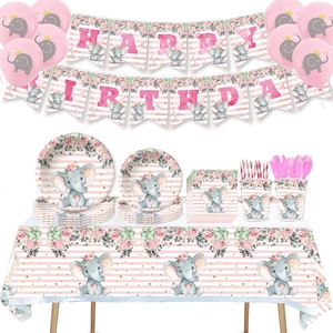 Pink Elephant Floral Birthday Party Supplies Disposable Paper Plates Cups Napkins Banner Tablecloth Balloons Straws Kids