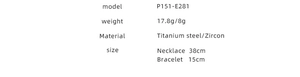 Size and material specifications for titanium steel and zircon jewelry set with OT clasp