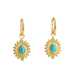 Boucles d'oreilles créoles bohèmes en acier doré avec motif tournesol turquoise