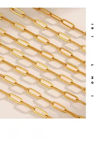 Macro detail of high-polish 18K gold-plated stainless steel paperclip chain necklace