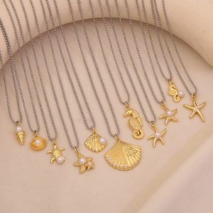 Starfish Seashell Turtle Seahorse Pendant Necklace Copper Stainless Steel With Imitation Artificial Pearl Rhinestone Ocean Jewelry