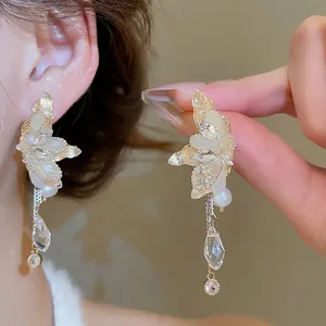 Elegant butterfly tassel earrings with crystals and freshwater pearls for women