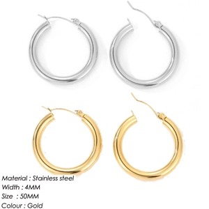 Detail view of 50mm stainless steel hoop earrings in gold and silver showing 4mm width