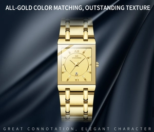 Macro detail of gold rectangular business watch with roman numerals and date display