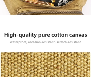 Detail of khaki cotton canvas waist bag showing waterproof fabric and zipper pocket