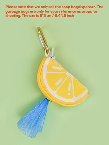Detail view of lemon-shaped pet poop bag dispenser with metal carabiner and dimensions