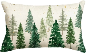 Minimalist linen Christmas lumbar pillow cover with watercolor pine tree forest print