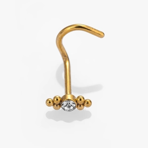 L-shaped gold nose stud with sunflower zircon and metallic bead details