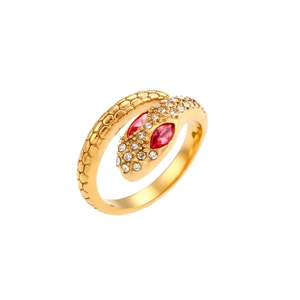 Adjustable 18K gold-plated stainless steel snake ring with sparkling crystals and red eyes