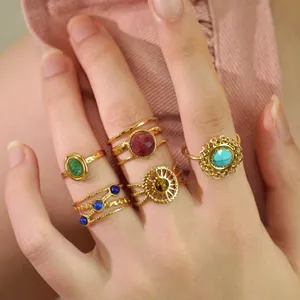 Bohemian stackable rings in gold-plated stainless steel with colorful natural stones
