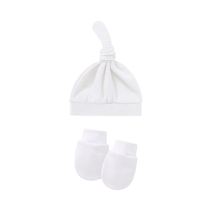 White knotted baby beanie hat and anti-scratch mittens set in soft premium cotton fabric