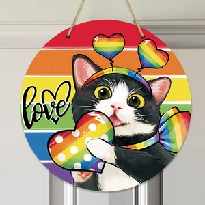 Round Wooden Sign Rainbow Cat Love Print Decorative Door Plaque Hanging Farmhouse Home Decor With Hemp Rope