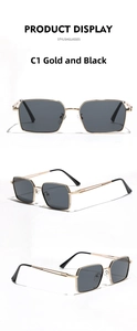 Multiple views of C1 gold and black square metal sunglasses with dark grey lenses