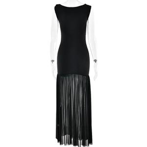 Detail of solid black sleeveless dress featuring a layered pleated mesh hemline