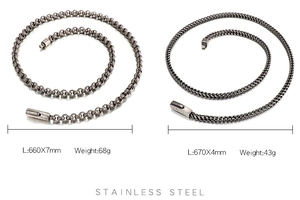 Detail view of two stainless steel keel necklaces with weight and size specifications