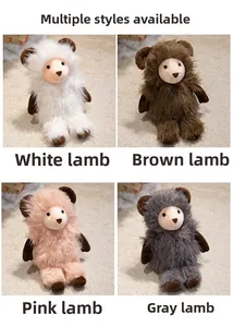 Detailed view of plush lamb toys in four colors: white, brown, pink, and grey