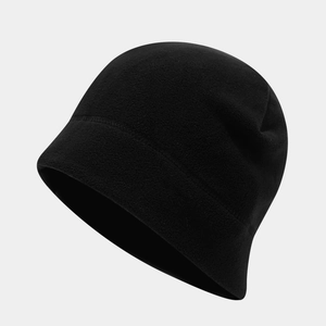 Detailed view of black fleece beanie showing warm material texture and stitching