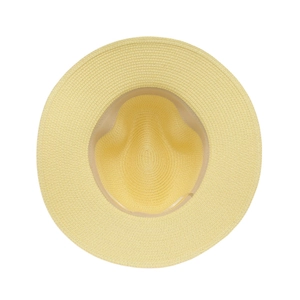 Detail view showing the woven straw texture and inner sweatband of the Panama hat