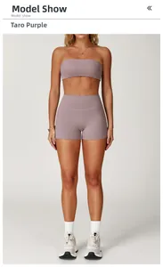 Close-up of dusty purple brushed yoga set featuring bandeau top and high waist shorts