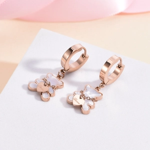 Teddy Bear Hoop Earrings Rose Gold Plated Stainless Steel With White Shell And Love Heart Pendant Cute Fashion For Women