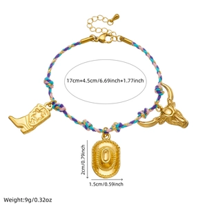 Colorful woven bracelet with gold-plated cowboy hat, boot and bull skull charms