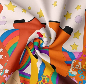 Detailed macro view showing the retro pop art patterns and fabric texture of the tapestry