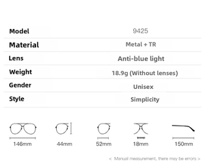 Tabella taglie dettagliata per occhiali quadrati anti-luce blu con montatura in metallo