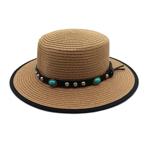 Flat top straw sun hat with black edge and turquoise leather band decoration