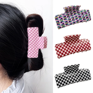 Minimalist checkerboard hair claw clip set for women with acetate grid pattern designs