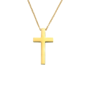 Polished gold stainless steel cross necklace with a minimalist pendant on a white background