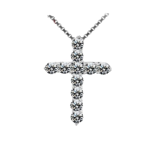 Minimalist silver cross pendant necklace with sparkling diamonds on a delicate metal chain