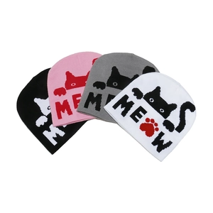 Cute knitted beanies with cat jacquard and MEOW text in black pink gray and white