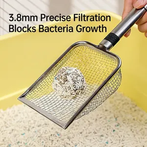 Stainless steel cat litter scoop with 3.8mm fine mesh and ergonomic black handle