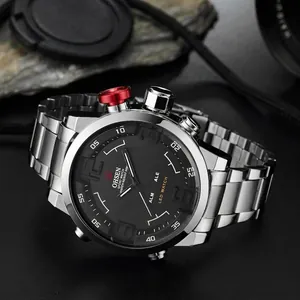 OHSEN rugged outdoor sports watch with silver steel band and dual display LED dial