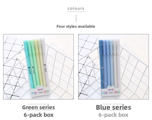 Detailed view of Morandi color gel pen sets in green and blue in transparent cases