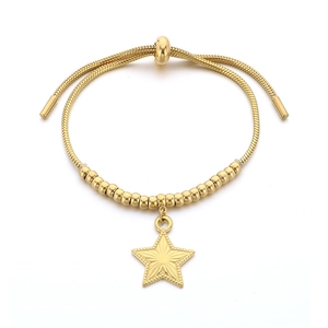 Adjustable gold stainless steel beaded bracelet with star pendant on a white background