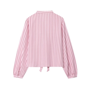 Detail of pink vertical striped poplin shirt with decorative knot hem and long sleeves