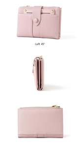 Detailed views of pink pebbled leather short wallet showing 45-degree angle and back