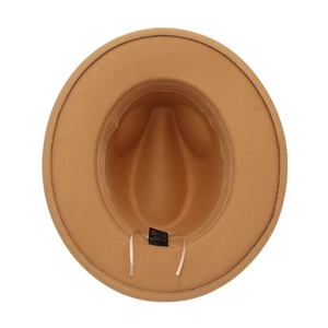 Interior detail of camel felt Fedora hat showing sweatband and 65% cotton blend label