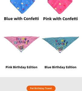 Close-up of blue and pink dog birthday bandanas with It's My Birthday prints