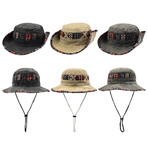 Outdoor Hiking Bucket Hat Ethnic Pattern Ribbon Sun Protection Fisherman Hat With Adjustable Windproof Rope For Women Men