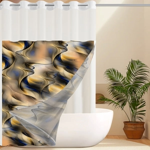 Abstract fluid art shower curtain in gold and indigo hanging by a minimalist white bathtub