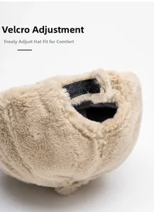 Detail of adjustable Velcro strap on beige faux rabbit fur baseball cap for a custom fit