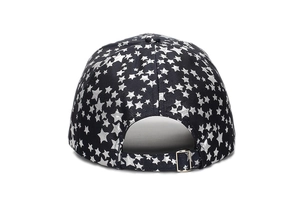 Rear view of star print baseball cap showing adjustable silver metal buckle and fabric strap