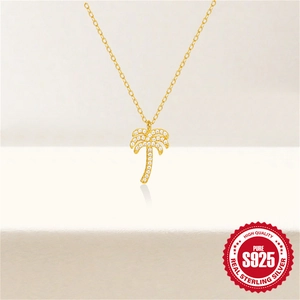 S925 sterling silver palm tree pendant necklace with white zircons in gold finish