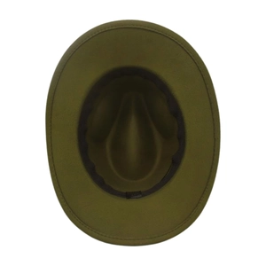 Top view of army green fedora wool felt hat showing wide brim and internal sweatband