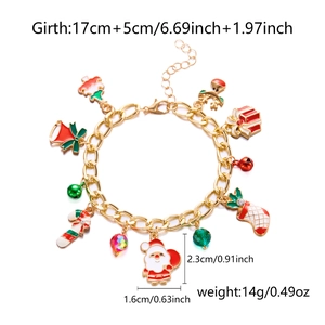Detailed dimensions and weight chart of a gold Christmas bracelet with festive charms