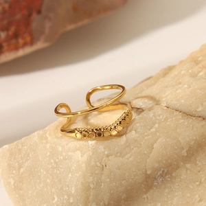 Vintage gold crown double-layer open ring for women with embossed dot pattern