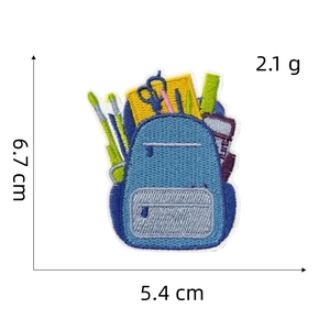 Detail view of backpack embroidery patch with dimensions 6.7cm by 5.4cm and 2.1g weight